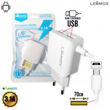 Carregador de Tomada Conector Micro USB V8 + 2 Portas USB 3.1A Cabo 70cm LE-510 Lehmox - Branco